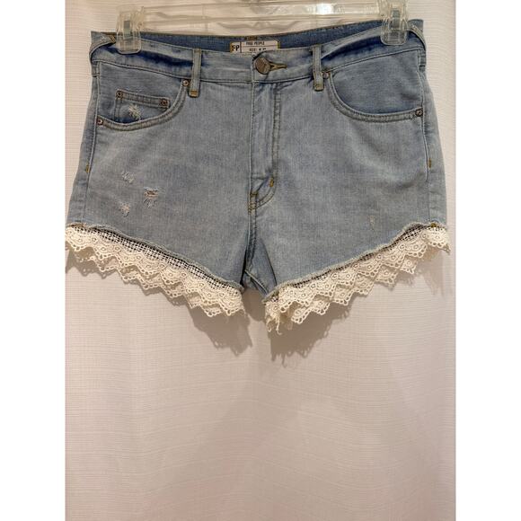 FREE PEOPLE Good Vibes Crochet Lace Trimmed 100% Cotton Denim Cut Off Shorts 27 - Picture 1 of 7